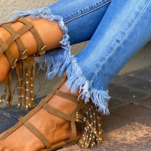 Fringe & Studs Strappy Boho Gladiator Ankle Sandal - Picture 9 of 14
